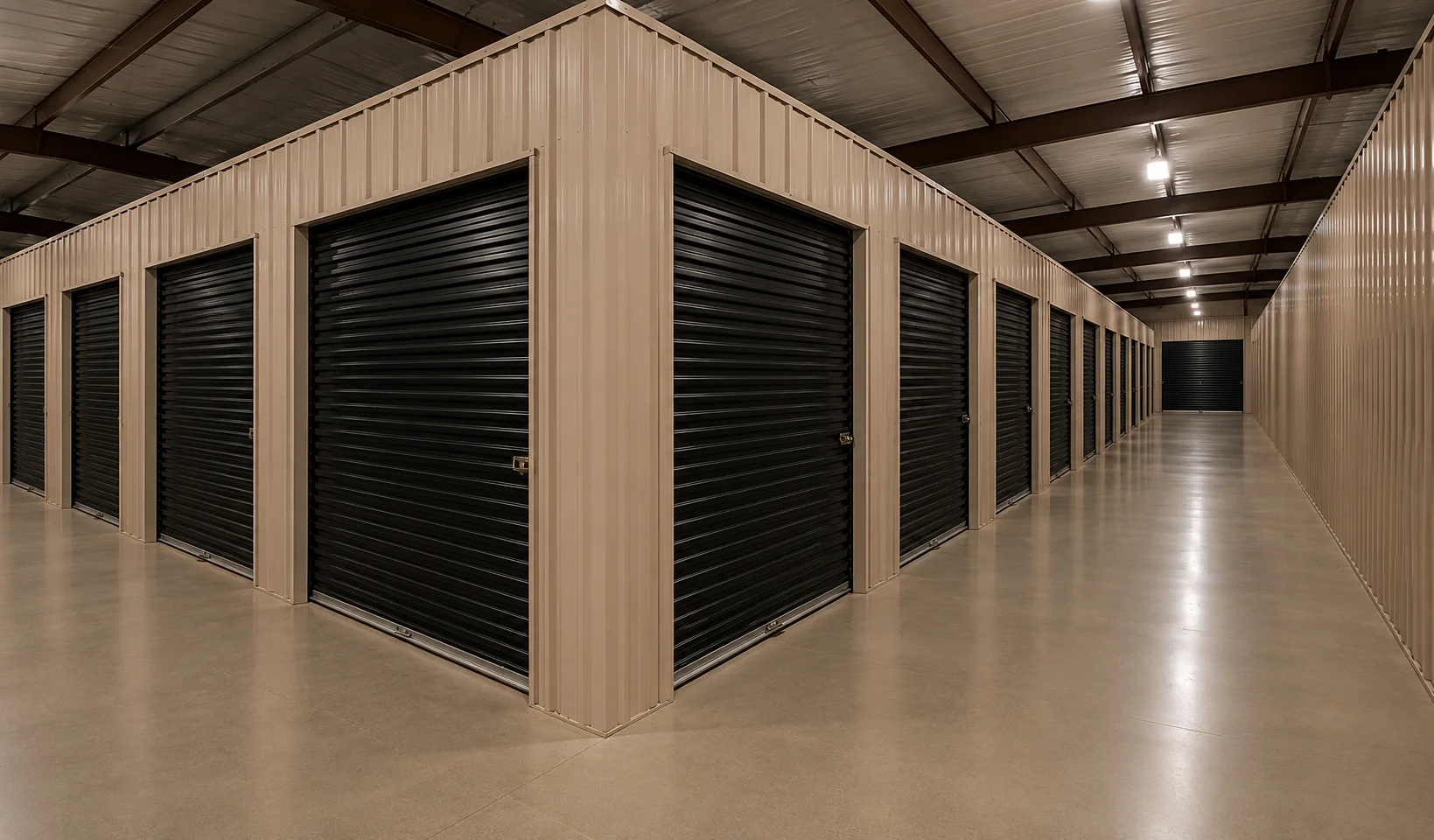 Storage units with orange doors and boxes placed outside